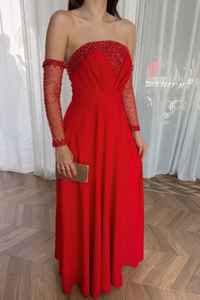 Kolları Tül Detay Straplez Taşlı Abiye 307