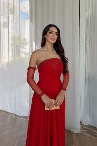 Kolları Tül Detay Straplez Taşlı Abiye 307