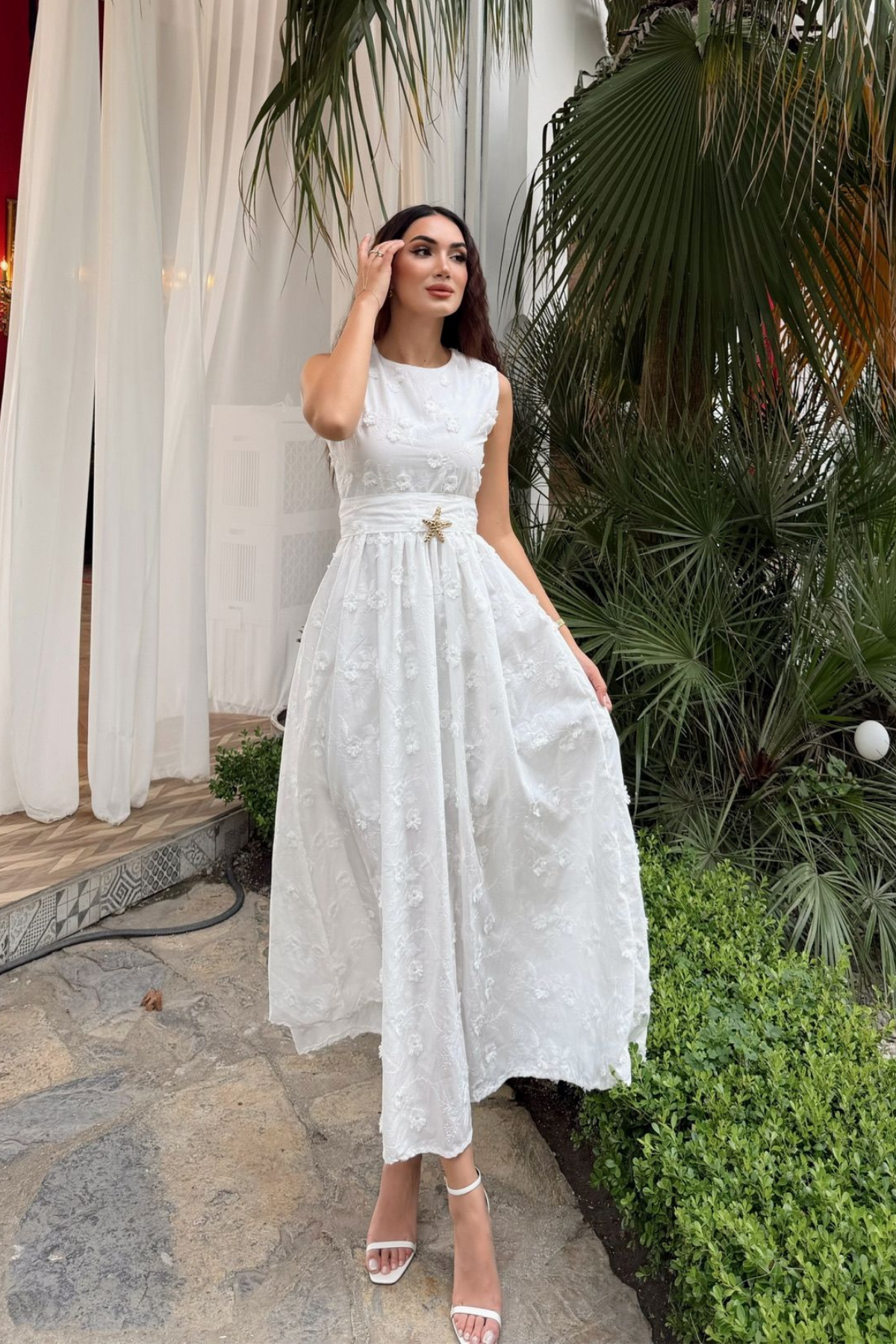 Deniz Poplin Kumaş Kolsuz Midi Elbise 8456