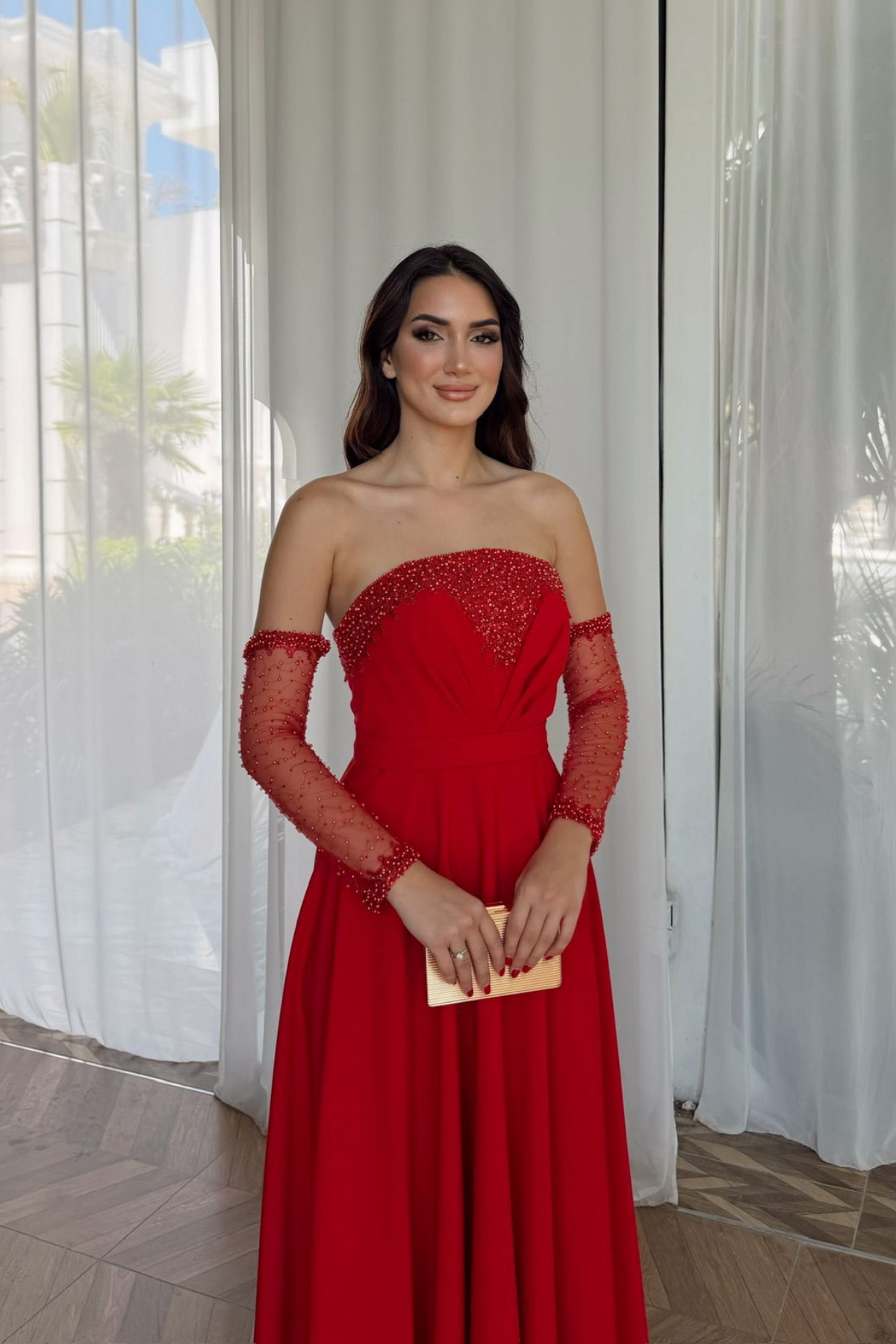 Kolları Tül Detay Straplez Taşlı Abiye 307
