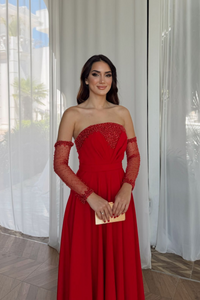 Kolları Tül Detay Straplez Taşlı Abiye 307