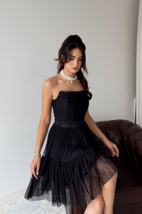 Tül Detay Bel Boncuklu Mini Elbise 9354