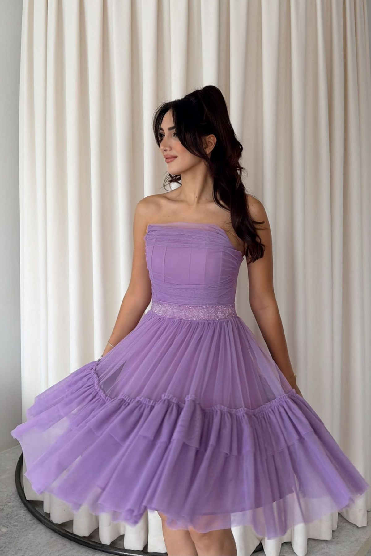 Tül Detay Bel Boncuklu Mini Elbise 9354
