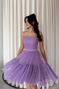 Tül Detay Bel Boncuklu Mini Elbise 9354