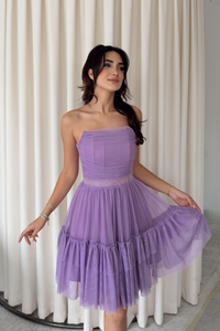 Tül Detay Bel Boncuklu Mini Elbise 9354