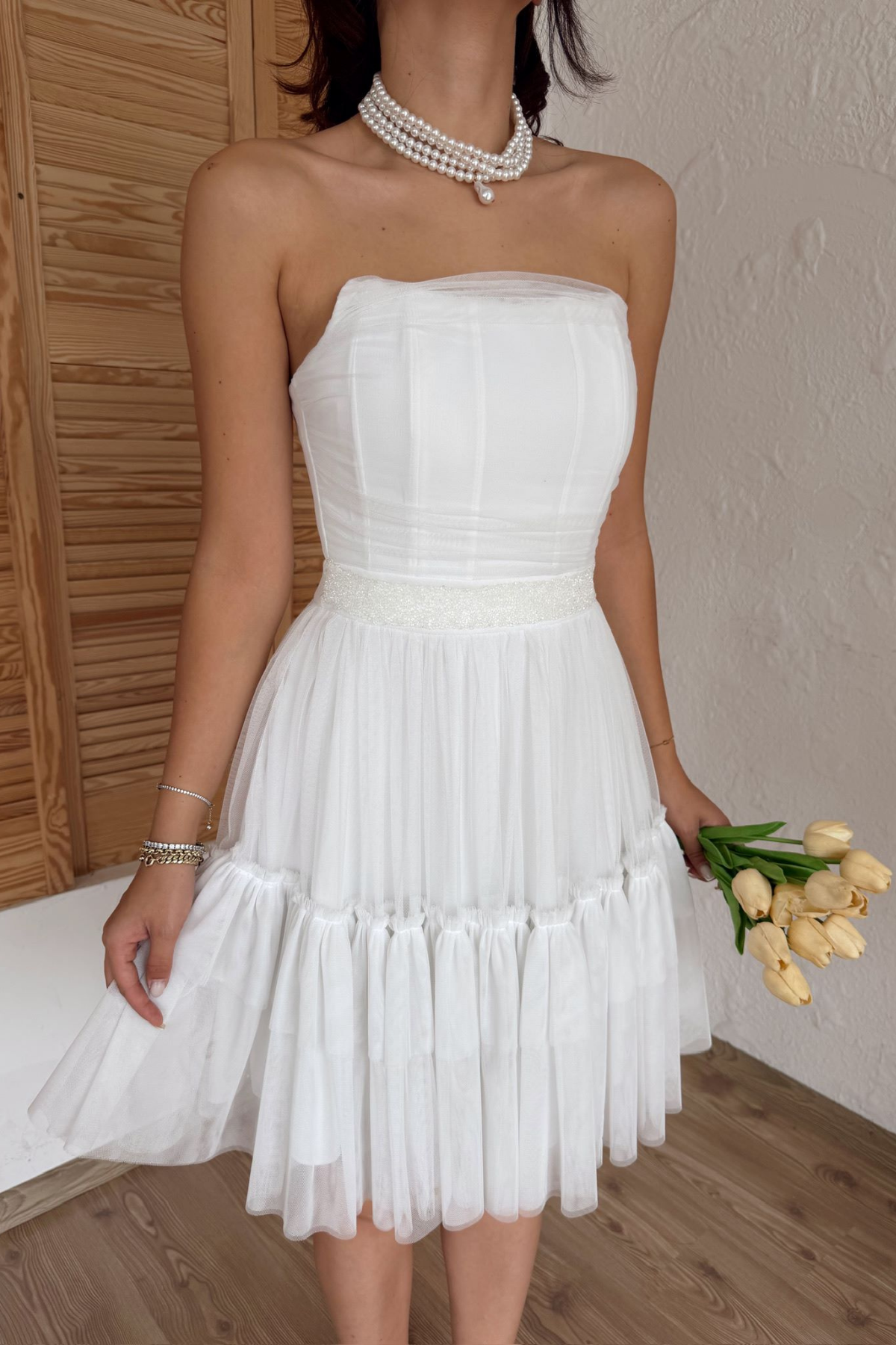 Tül Detay Bel Boncuklu Mini Elbise 9354