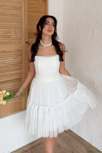 Tül Detay Bel Boncuklu Mini Elbise 9354