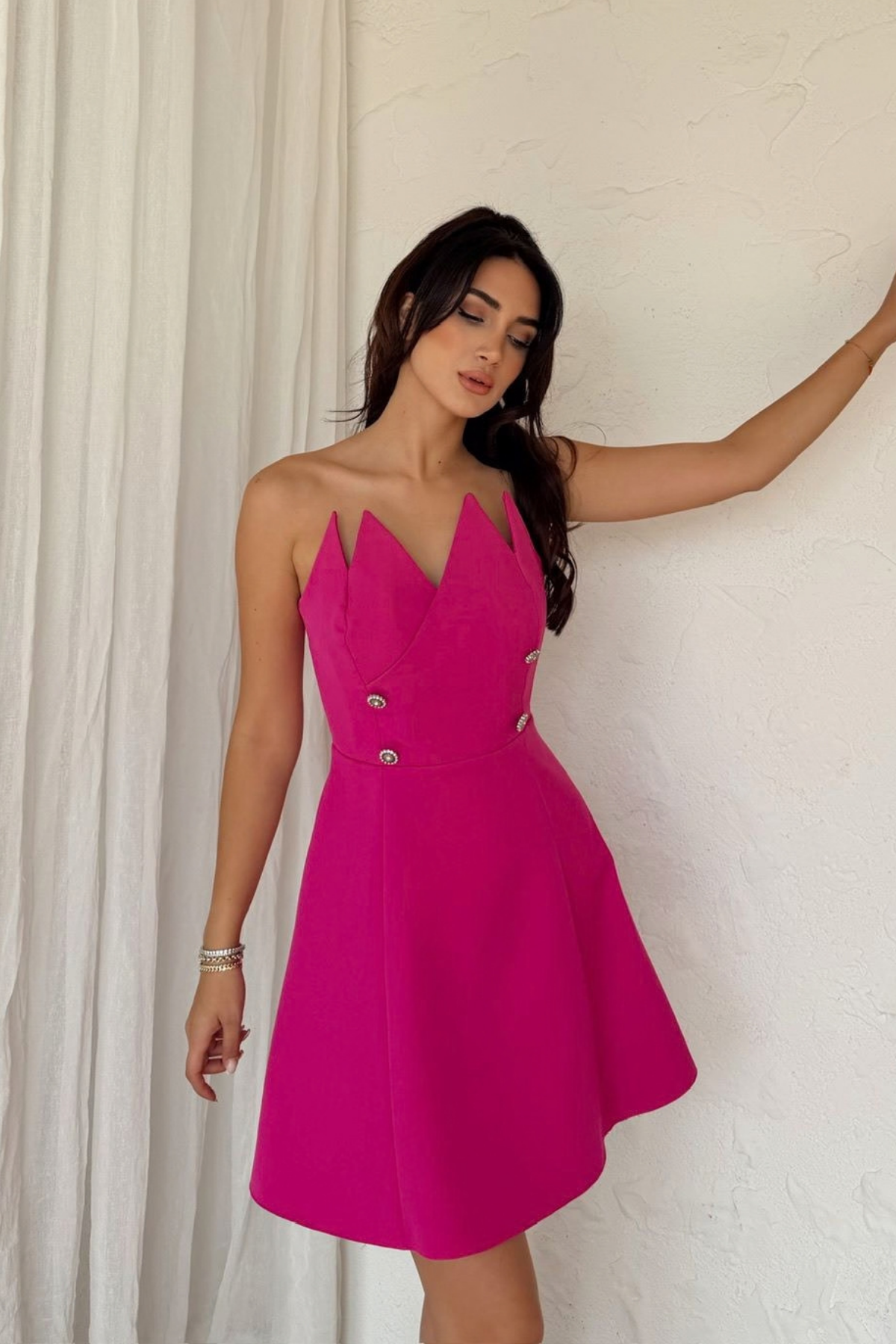Straplez Yaka Detay Düğmeli Mini Elbise 9356