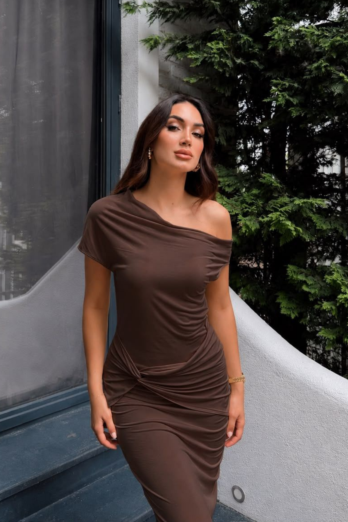 Asel Kayık Yaka Degaje Midi Elbise