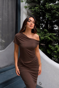 Asel Kayık Yaka Degaje Midi Elbise