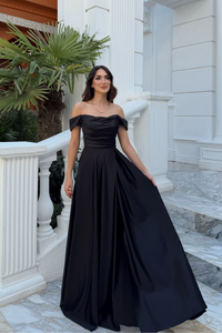 Kayık Yaka Yırtmaç Detay Saten Abiye 1038