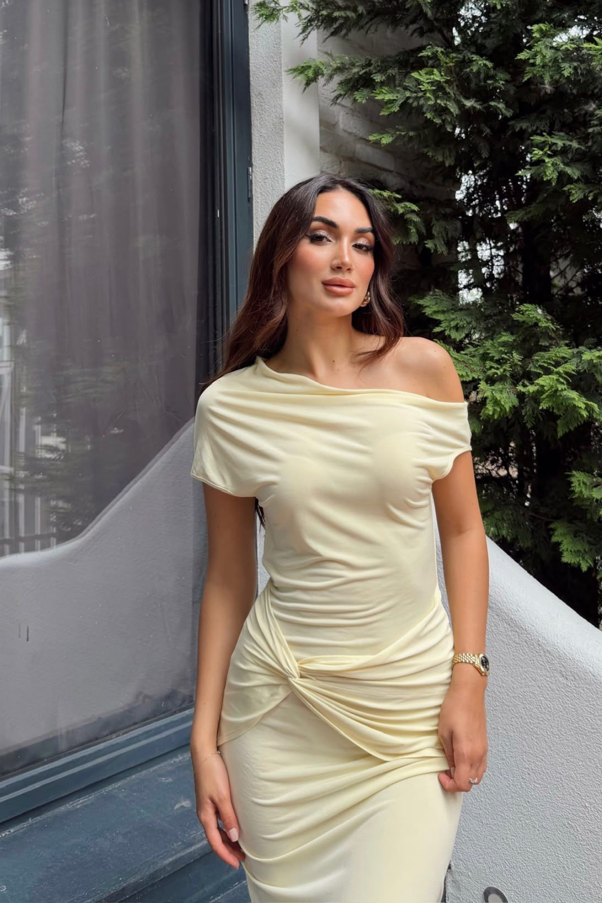 Asel Kayık Yaka Degaje Midi Elbise