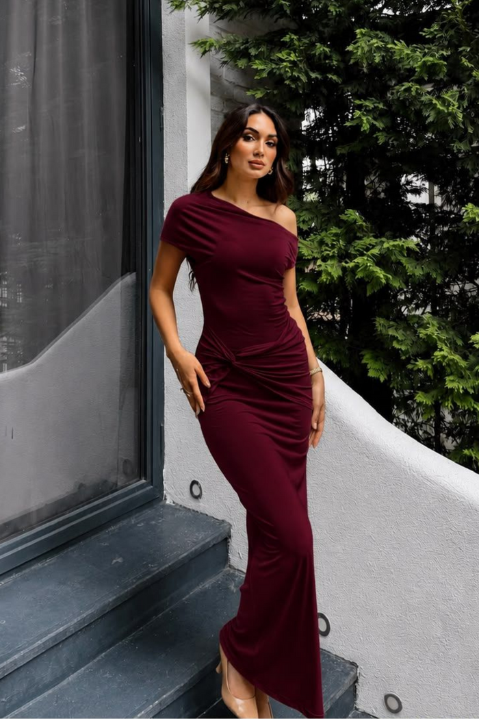 Asel Kayık Yaka Degaje Midi Elbise