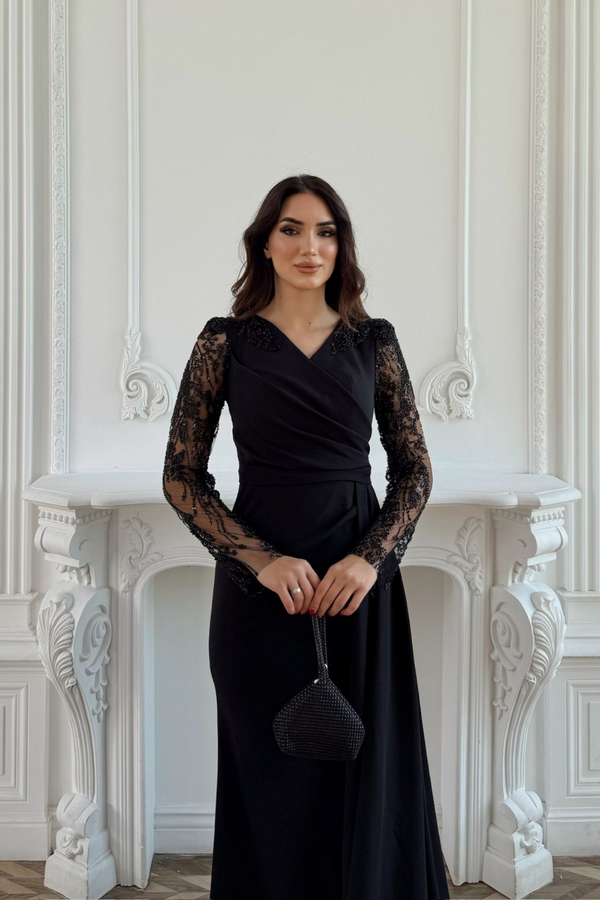 Kolları Tül İşleme Detay V Yaka Abiye 303