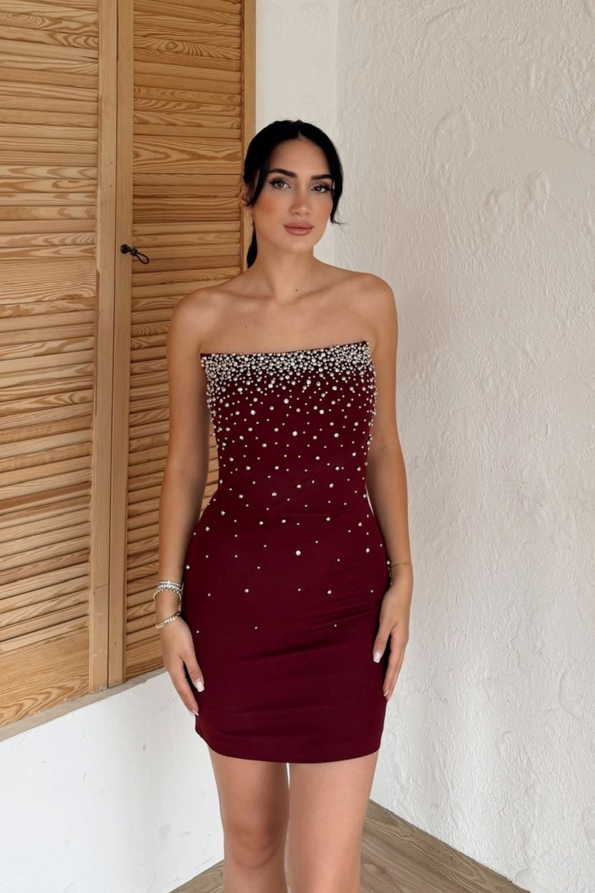 Boncuk İşleme Straplez Mini Elbise 6584