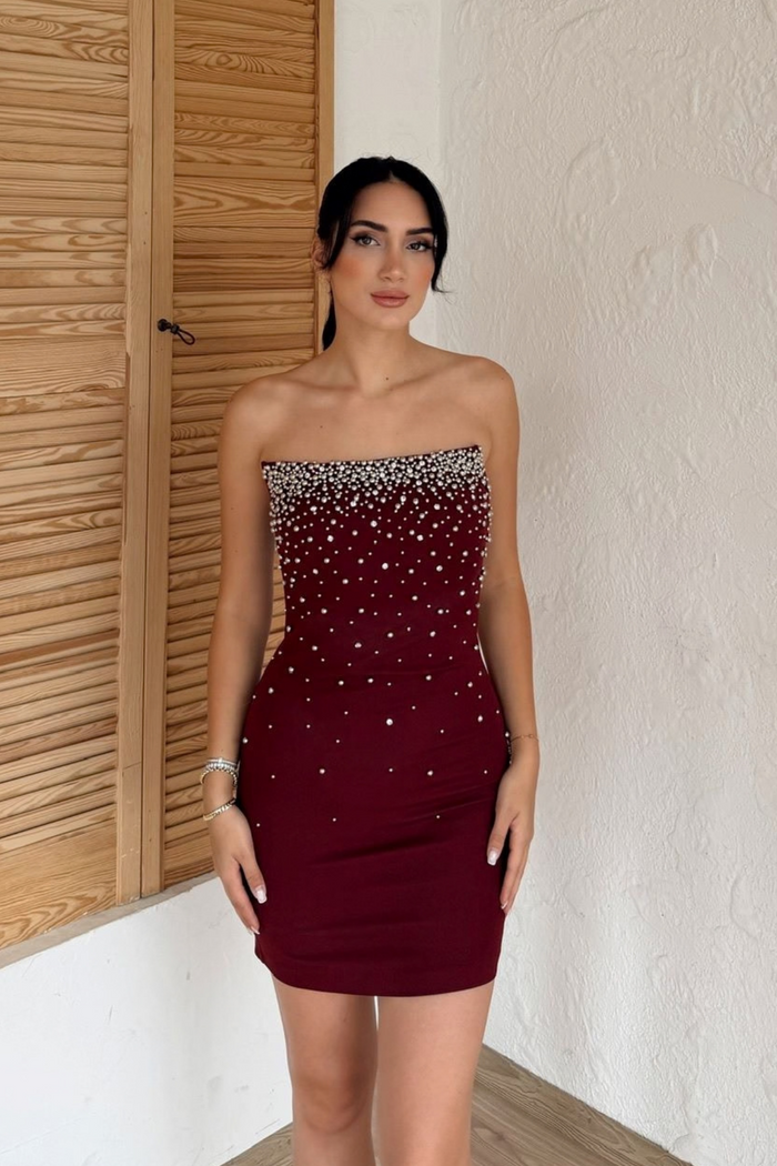 Boncuk İşleme Straplez Mini Elbise 6584