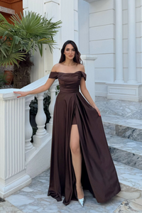 Kayık Yaka Yırtmaç Detay Saten Abiye 1038