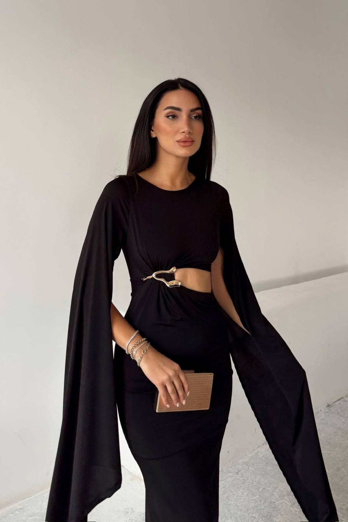 Bel Dekolteli Pelerin Detay Midi Elbise 0332