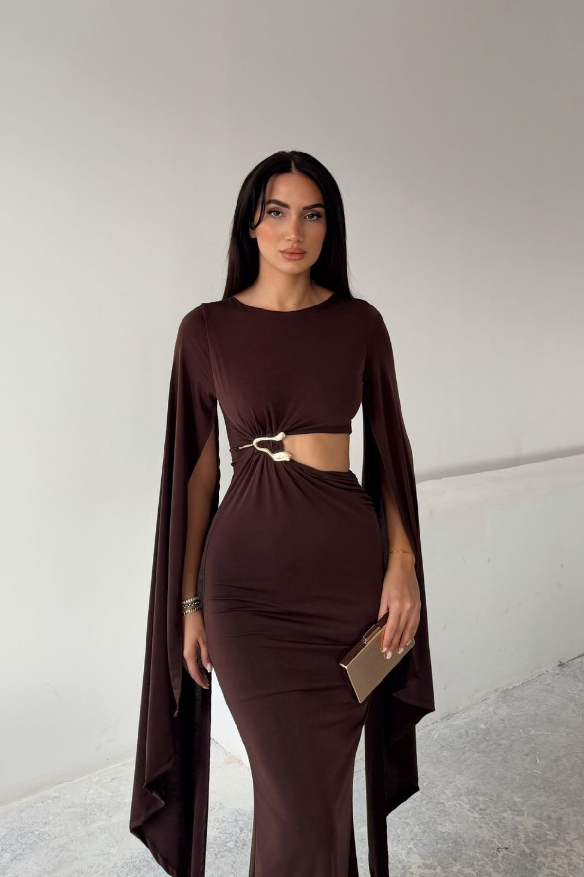 Bel Dekolteli Pelerin Detay Midi Elbise 0332