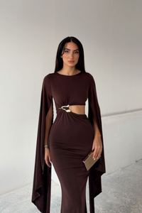 Bel Dekolteli Pelerin Detay Midi Elbise 0332