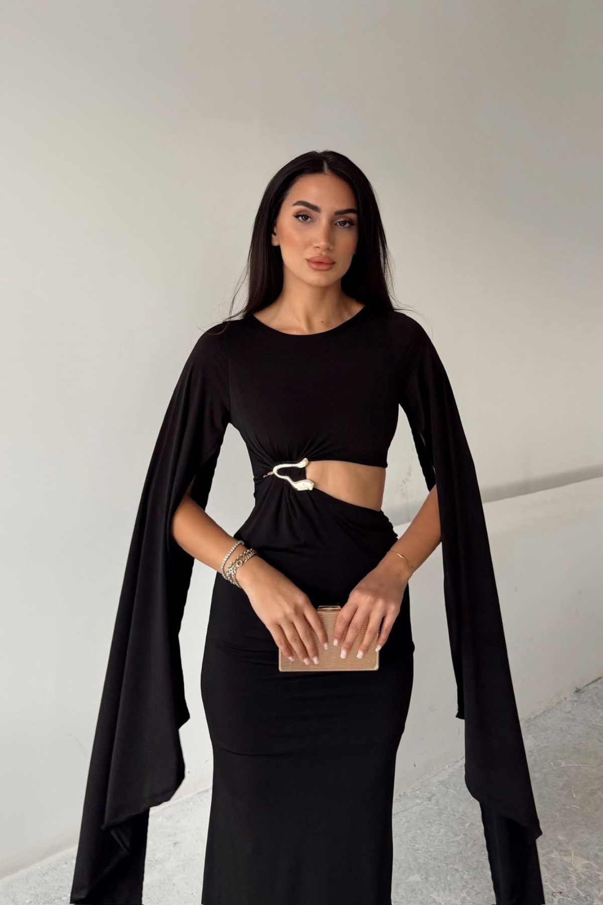 Bel Dekolteli Pelerin Detay Midi Elbise 0332