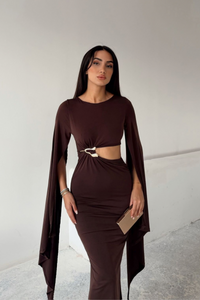Bel Dekolteli Pelerin Detay Midi Elbise 0332