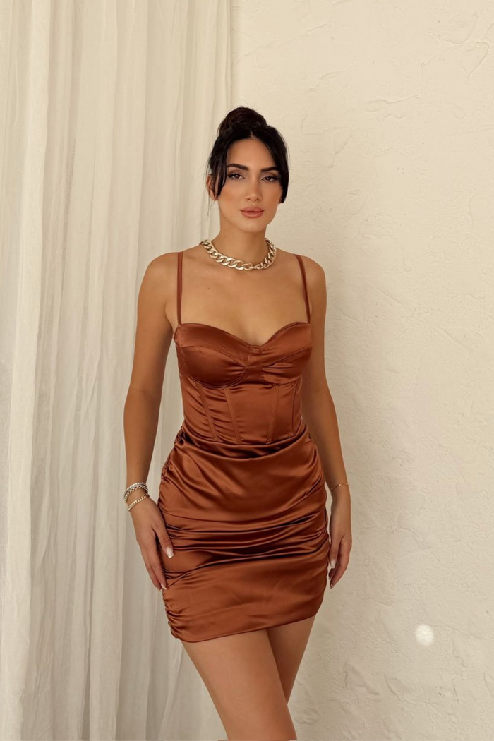 Gloplu Askılı Saten Mini Elbise 9853