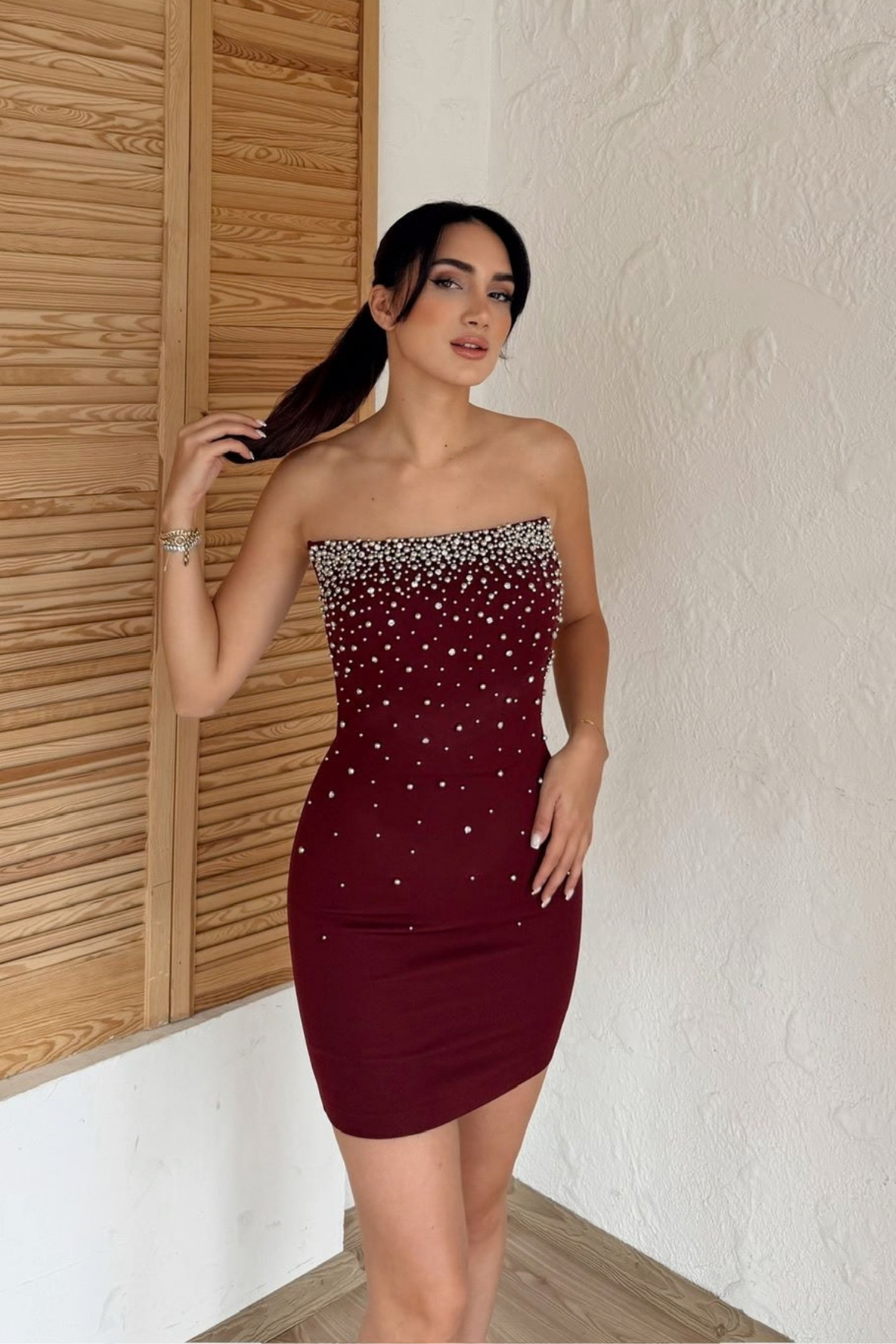 Boncuk İşleme Straplez Mini Elbise 6584