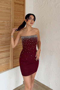Boncuk İşleme Straplez Mini Elbise 6584
