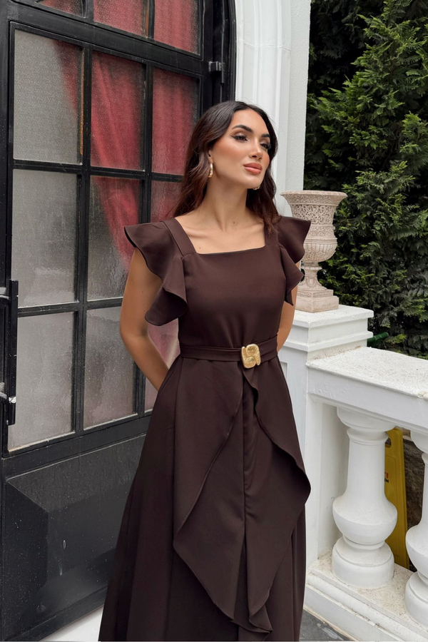 Aydilge Fırfırlı Kemer Detay Midi Elbise 2239