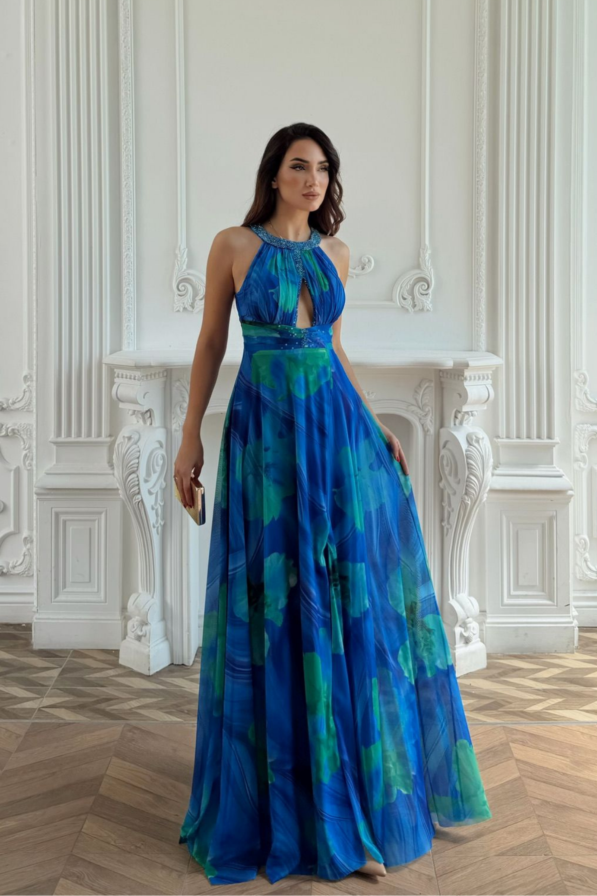 Halter Yaka Damla Detay Baskılı Abiye 1110