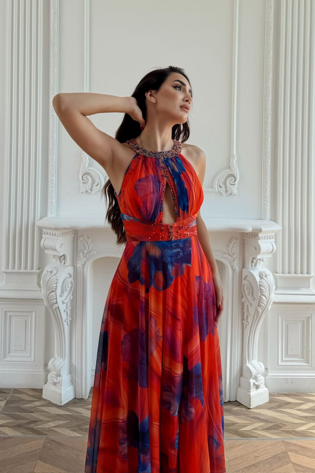 Halter Yaka Damla Detay Baskılı Abiye 1110