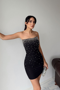 Boncuk İşleme Straplez Mini Elbise 6584