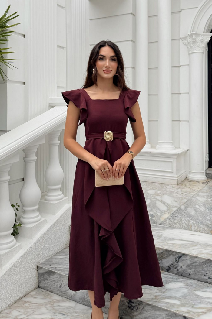 Aydilge Fırfırlı Kemer Detay Midi Elbise 2239