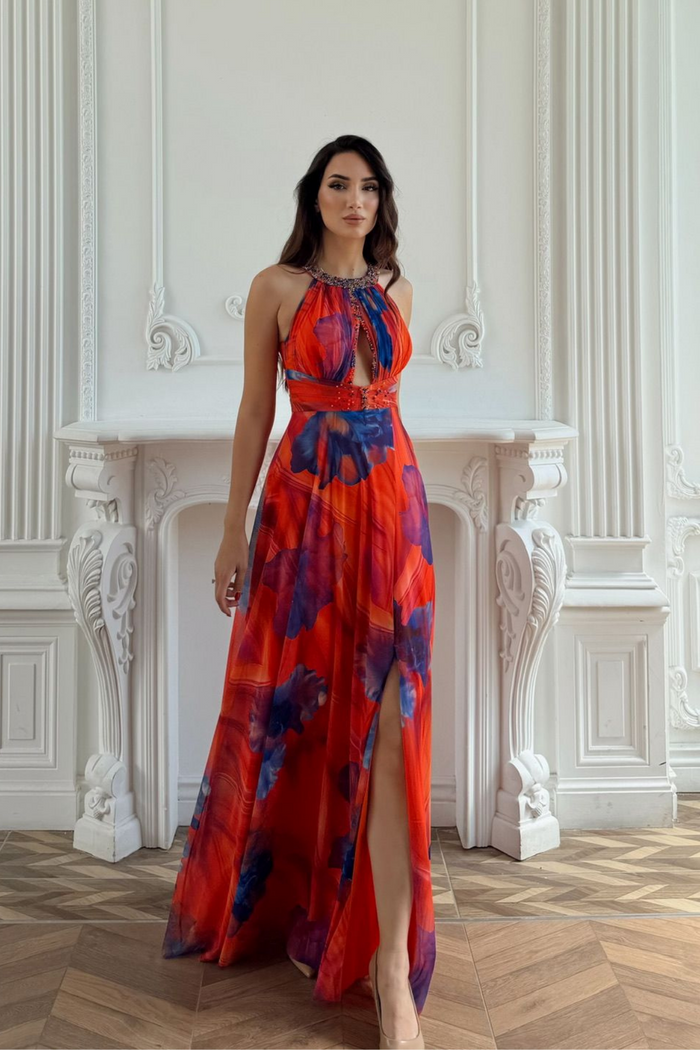 Halter Yaka Damla Detay Baskılı Abiye 1110
