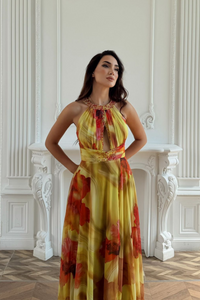Halter Yaka Damla Detay Baskılı Abiye 1110