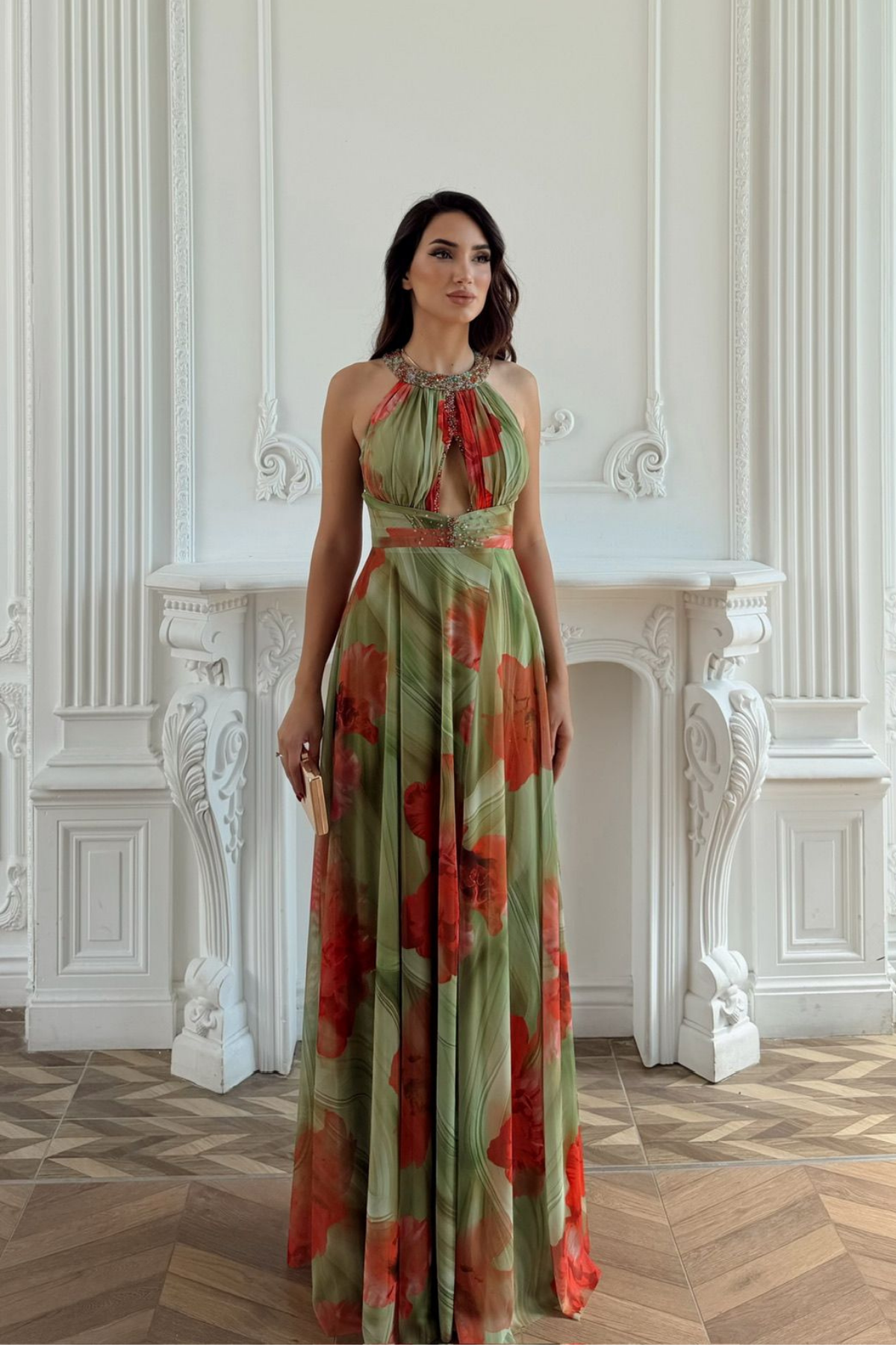 Halter Yaka Damla Detay Baskılı Abiye 1110