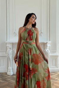 Halter Yaka Damla Detay Baskılı Abiye 1110