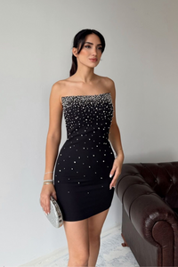 Boncuk İşleme Straplez Mini Elbise 6584