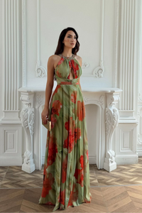 Halter Yaka Damla Detay Baskılı Abiye 1110