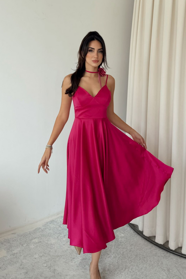 İp Askılı Çiçek Detay Midi Boy Elbise 9353