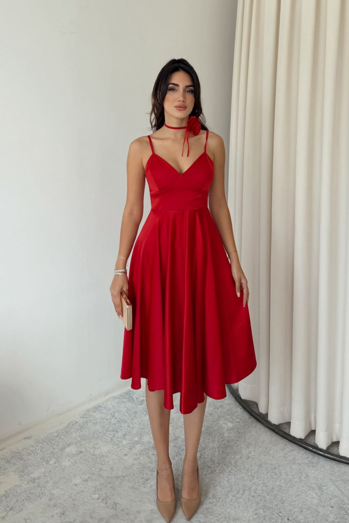 İp Askılı Çiçek Detay Midi Boy Elbise 9353