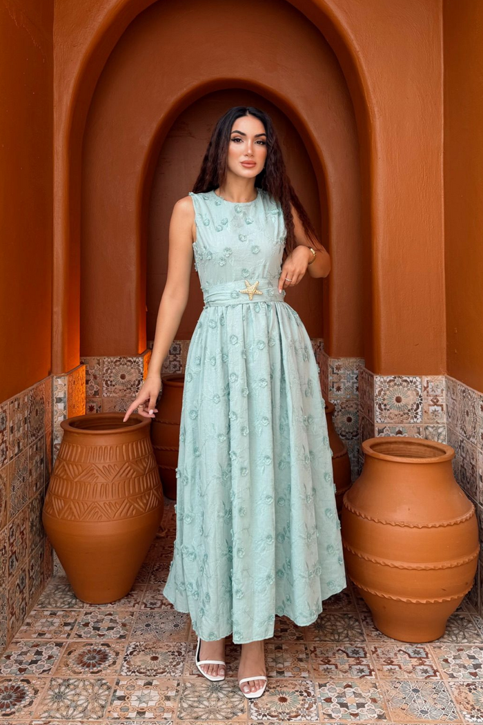 Deniz Poplin Kumaş Kolsuz Midi Elbise 8456