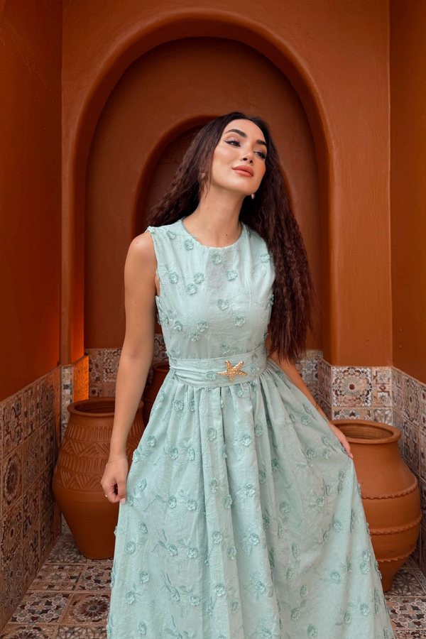 Deniz Poplin Kumaş Kolsuz Midi Elbise 8456