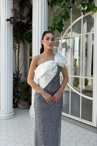 Aleda Fiyonk Detay Payetli Abiye 1096 GRİ