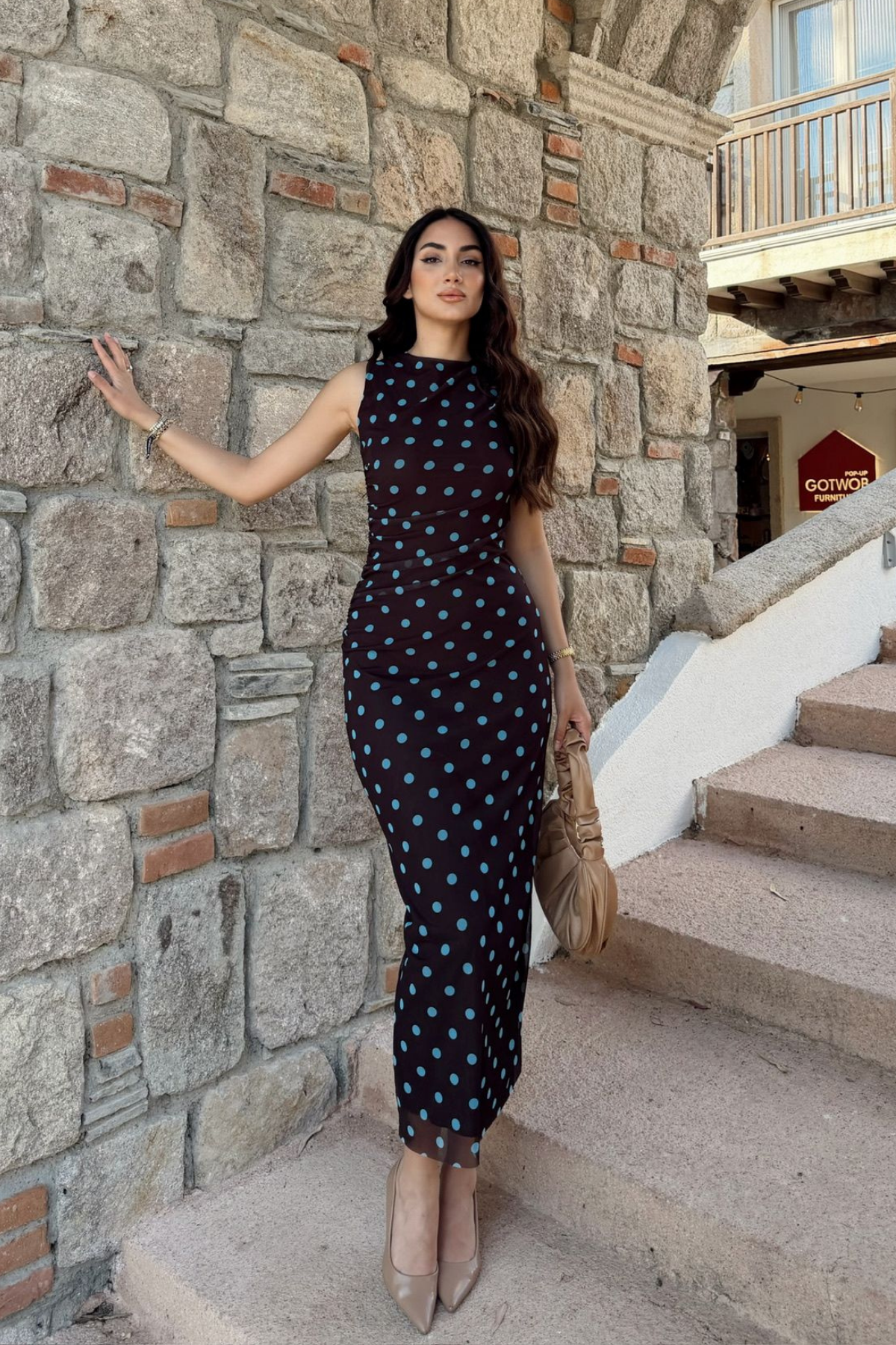 Alina Askılı Puantiye Detay Midi Elbise 7251 KAHVERENGİ