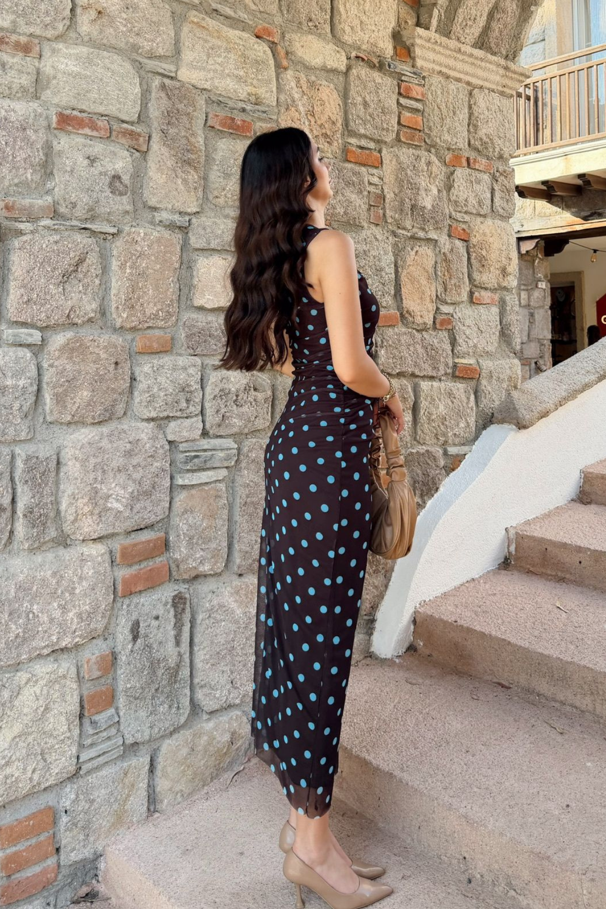 Alina Askılı Puantiye Detay Midi Elbise 7251 KAHVERENGİ