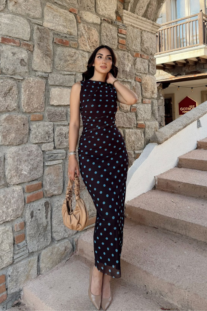 Alina Askılı Puantiye Detay Midi Elbise 7251 KAHVERENGİ