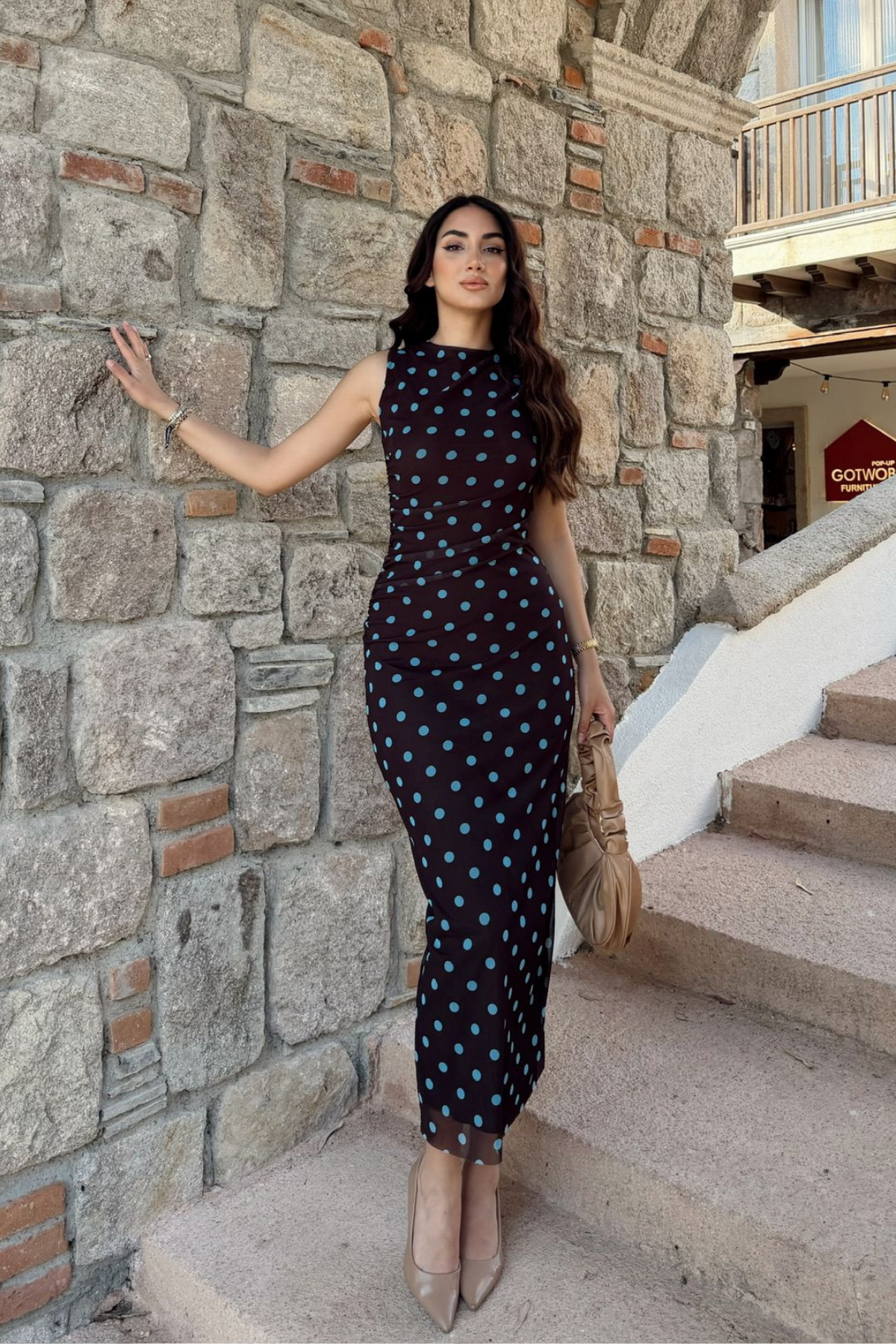 Alina Askılı Puantiye Detay Midi Elbise 7251 KAHVERENGİ