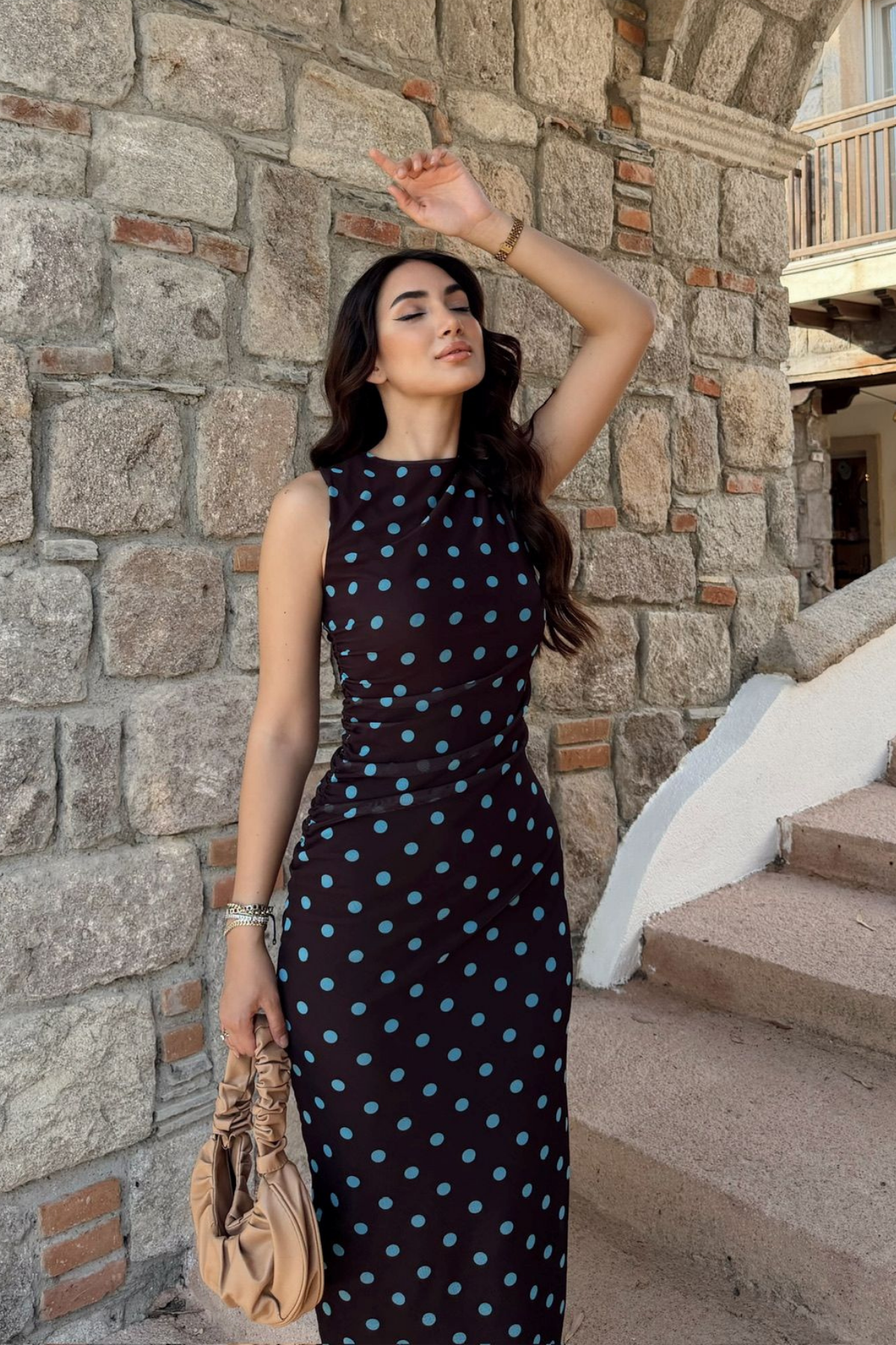 Alina Askılı Puantiye Detay Midi Elbise 7251 KAHVERENGİ